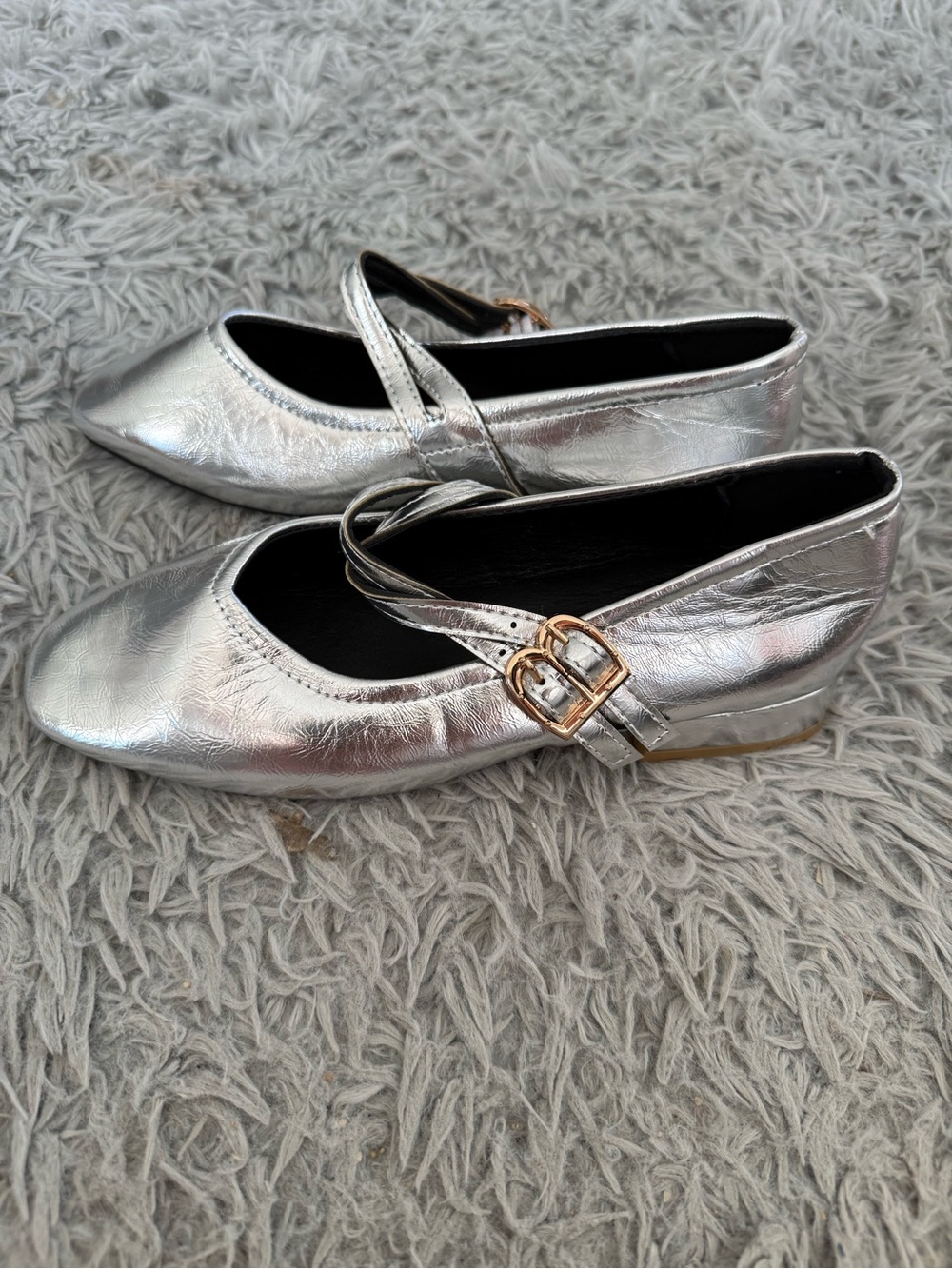 Women's Silver Double-Buckle Mary Jane Flats